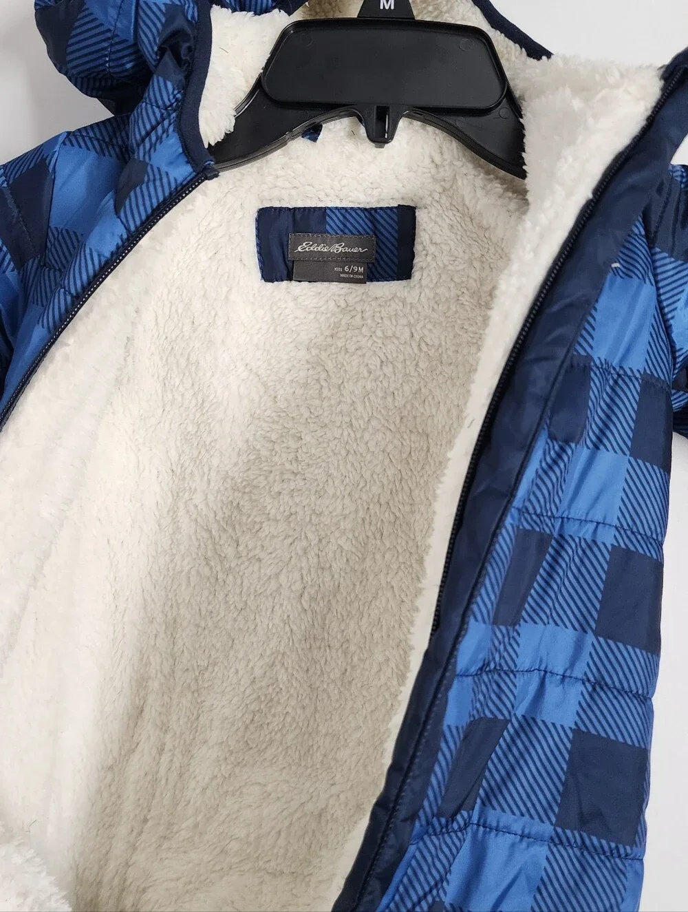Eddie Bauer Size 6-9 MO Snow suit Fleece Linee Blue Plaid Hooded